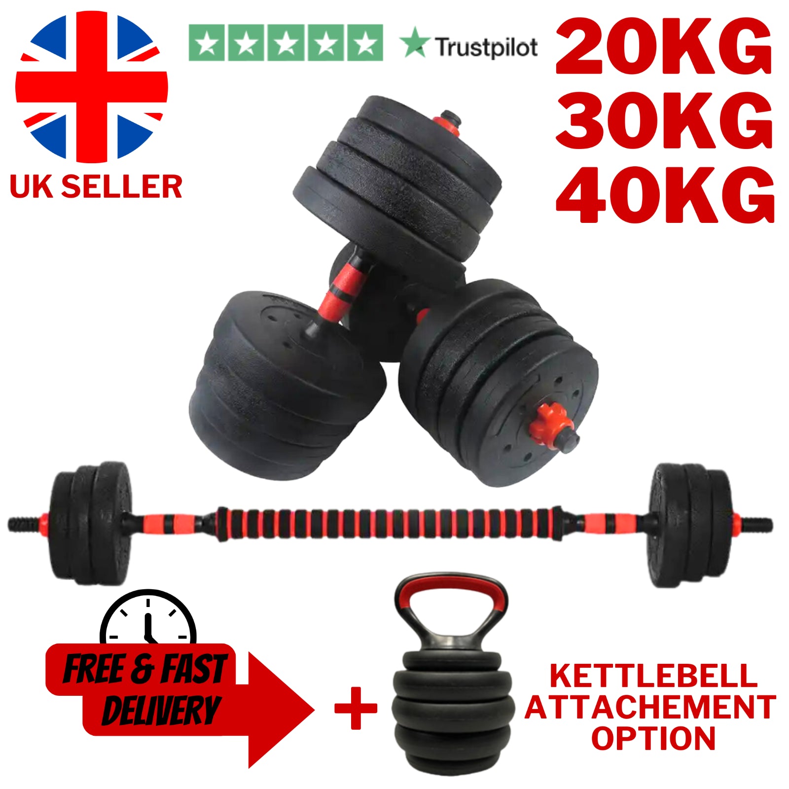 Exersci 20Kg-40Kg Adjustable Dumbbell Barbell Weights Set Kettlebell Option